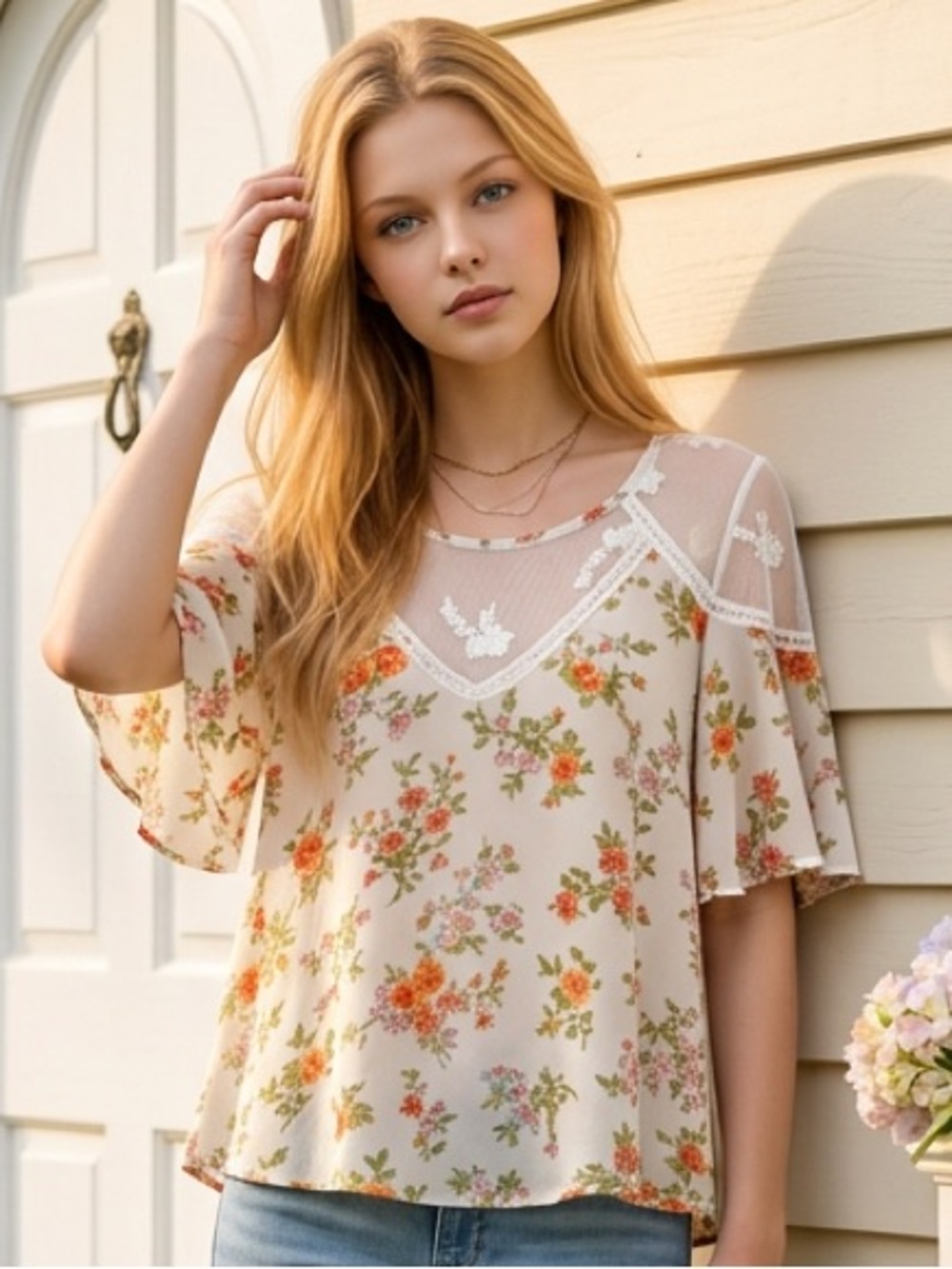 Forever 21 Contemporary White Multicolor Floral Lace Yoke Sheer V-Neck Blouse XS